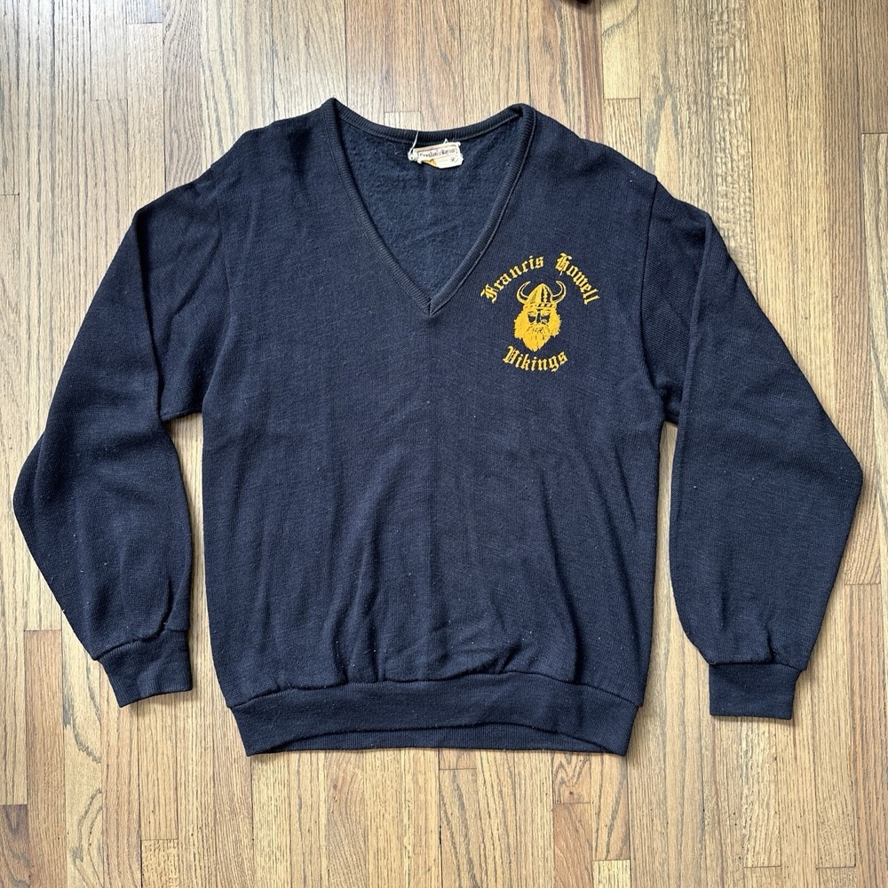 Vintage 1960s Francis Howell Vikings Creslan And Rayon V-Neck Sweater Navy Blue
